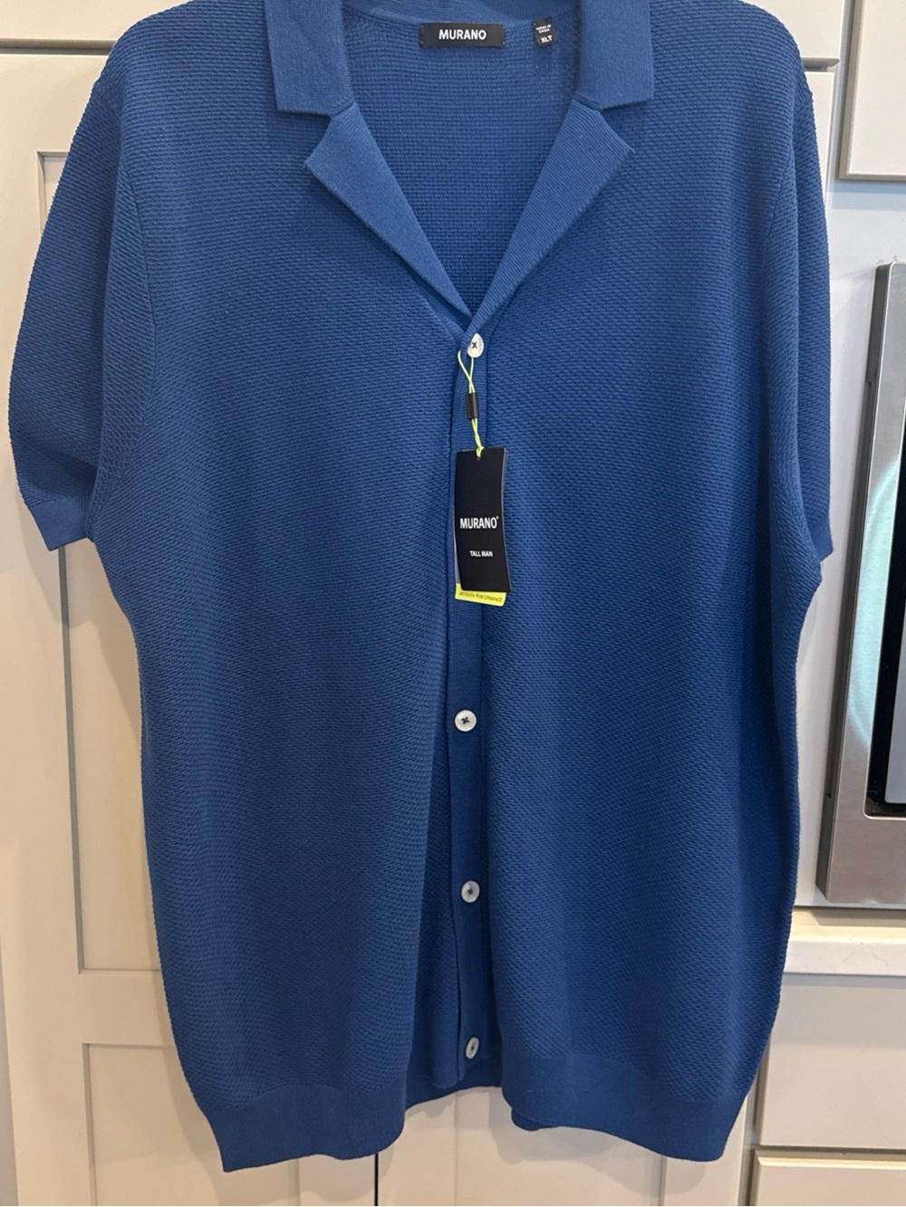 NWT Murano Men XLT Tall Blue Knit Camp Collar Button Front Short Sleeve Shirt